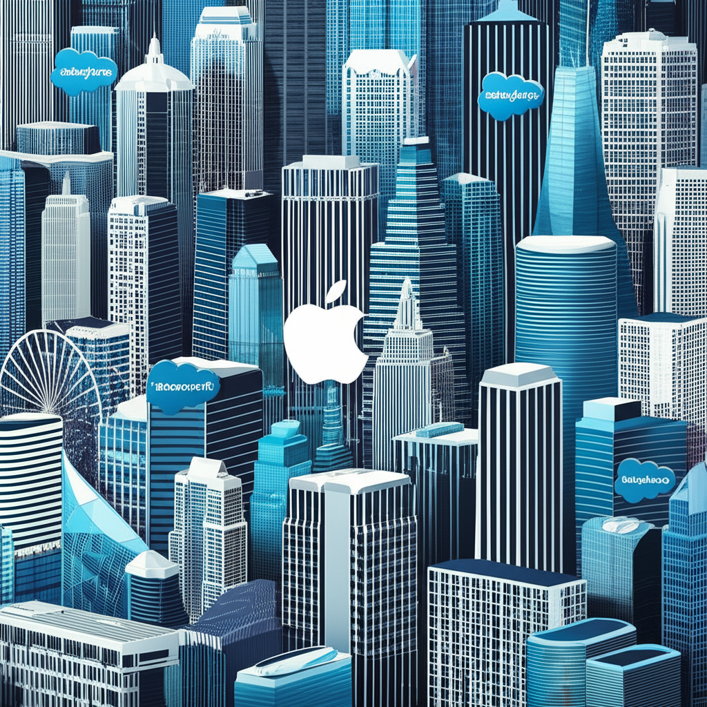 道瓊成分股意象圖：傳統與未來企業建築群組成動態拼圖，融入Apple、Microsoft、Salesforce標誌
